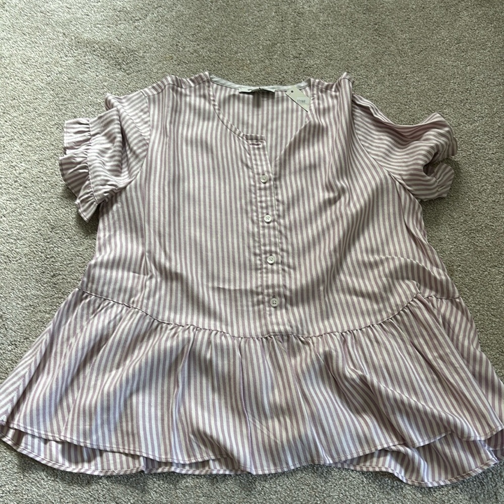 Madewell peplum top, purple and white stripes